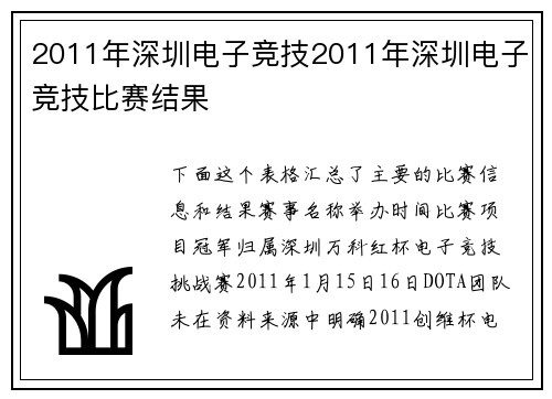 2011年深圳电子竞技2011年深圳电子竞技比赛结果