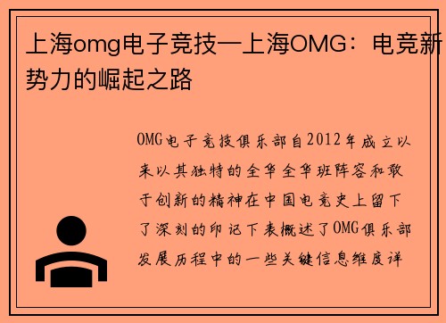 上海omg电子竞技—上海OMG：电竞新势力的崛起之路